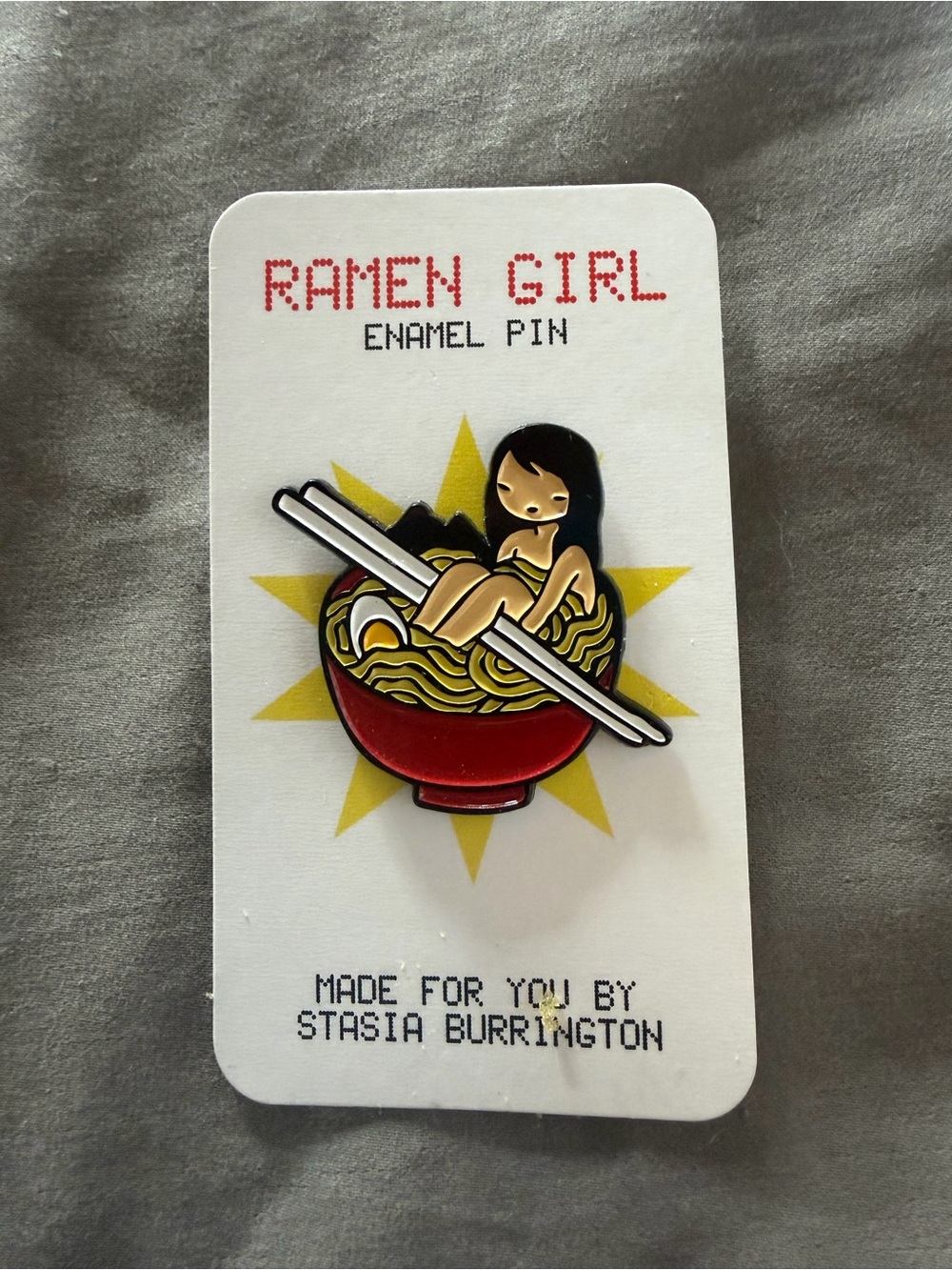 Ramen Girl Enamel Pin — Red & Yellow Cute Bowl Pin by
